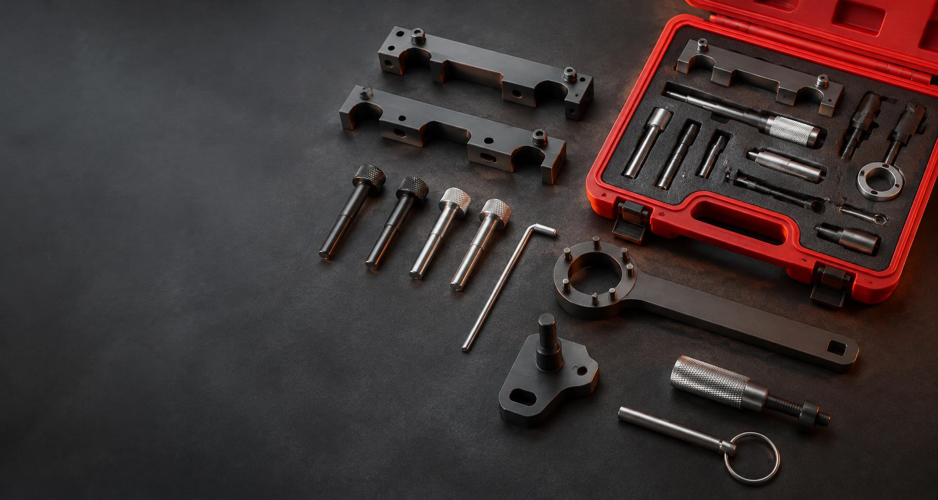 Engine timing tools, locking bars and timing pins laid out on dark slate beside an open timing kit case